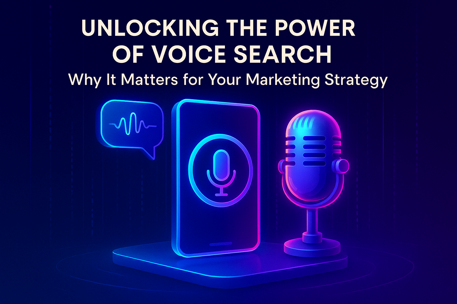 "Graphic illustrating the impact of voice search on marketing strategies, featuring a smartphone and microphone in vibrant neon colors."