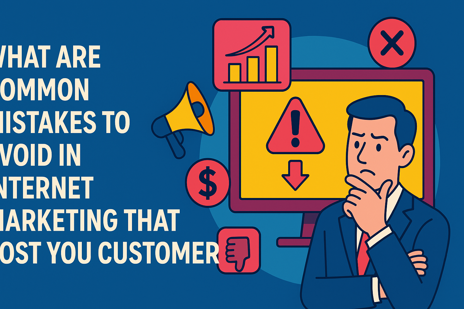 Illustration highlighting common mistakes to avoid in internet marketing that can cost customers, featuring a thoughtful businessman, warning symbols, and marketing graphics on a blue background.