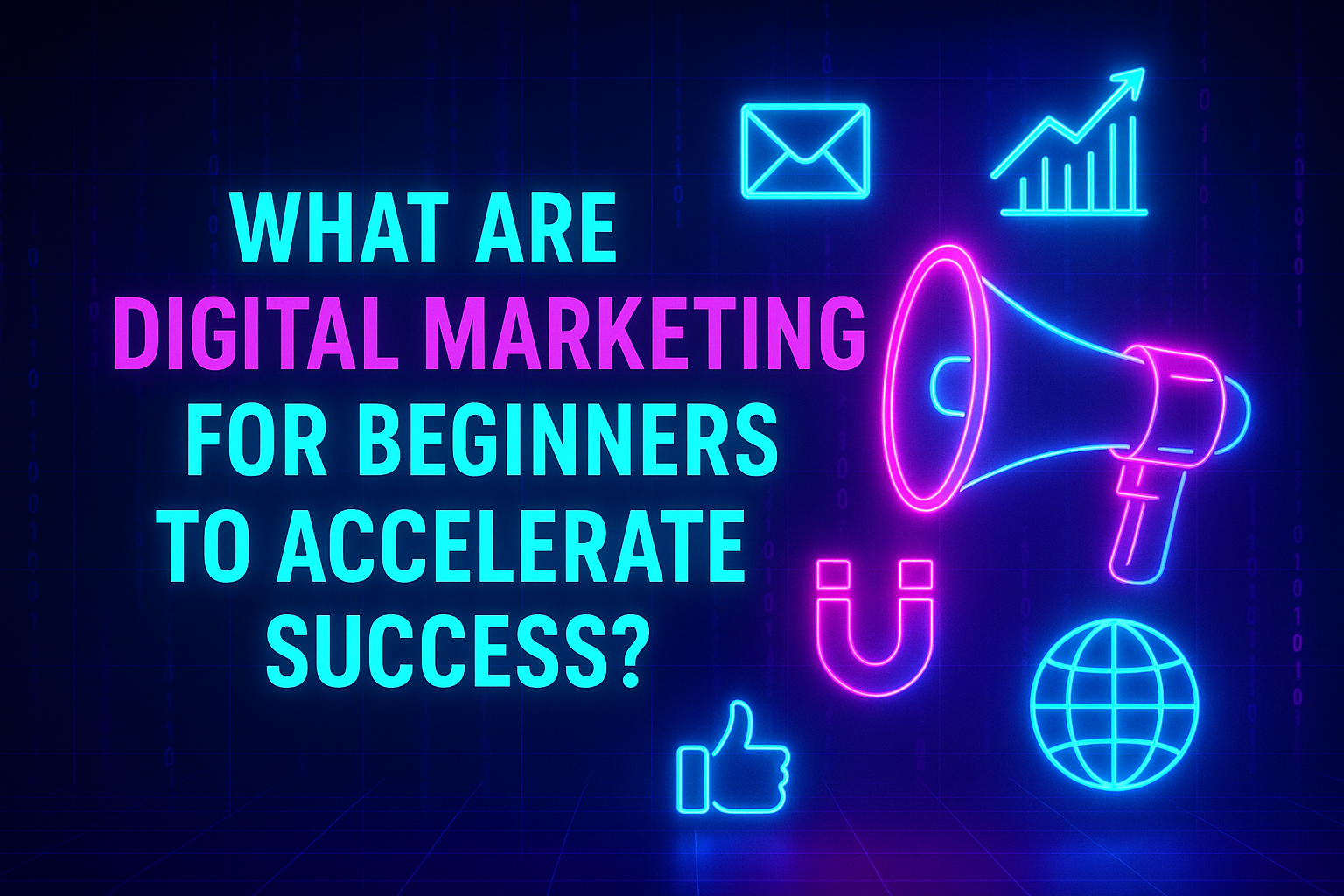 "Colorful graphic with the text 'What are Digital Marketing for Beginners to Accelerate Success?' featuring icons like a megaphone, email, graph, magnet, and thumbs up, set against a glowing digital background."
