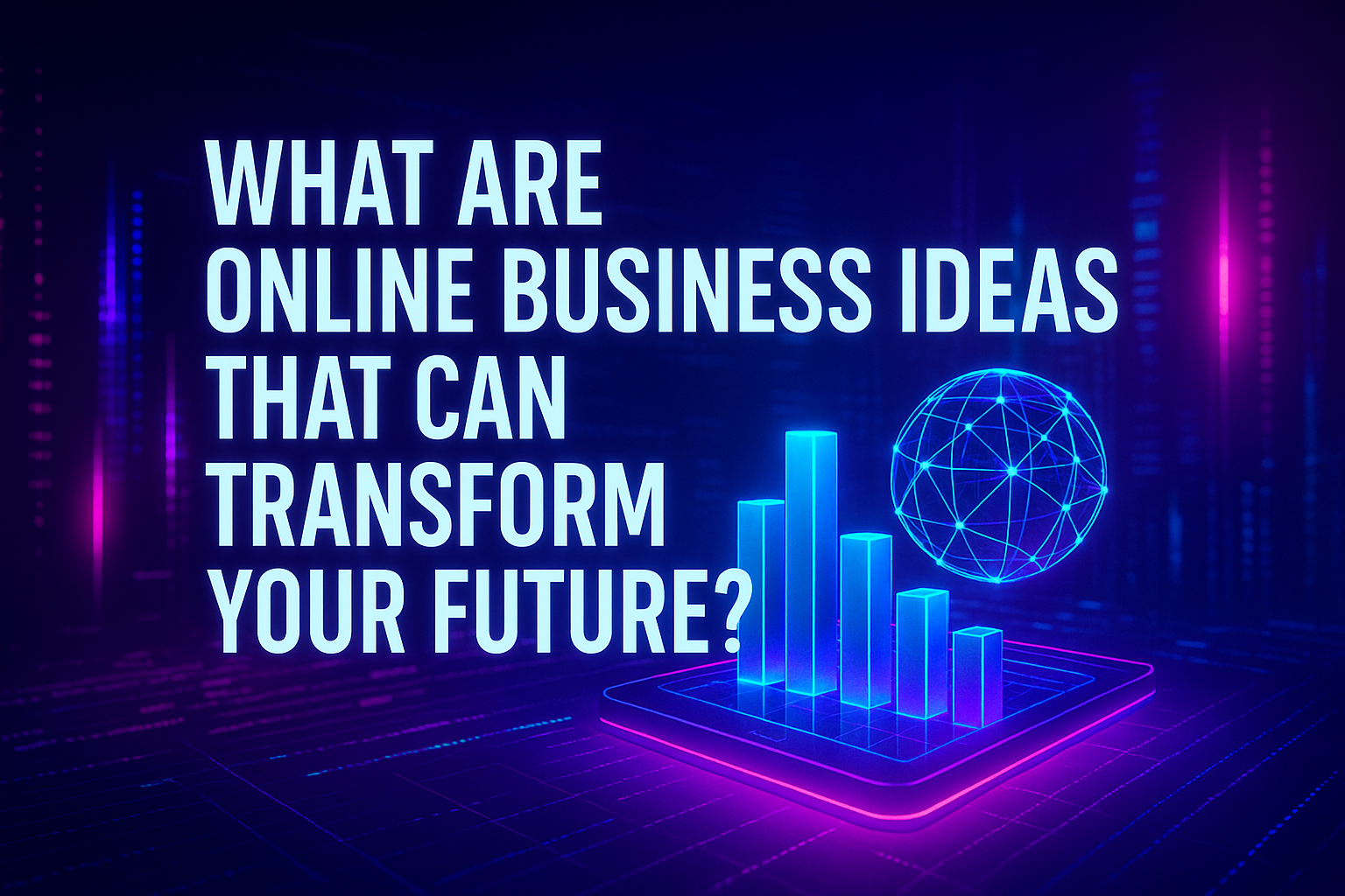 Alt text: "Vibrant digital image highlighting online business ideas that can transform your future, featuring futuristic graphics like bar charts and a globe."