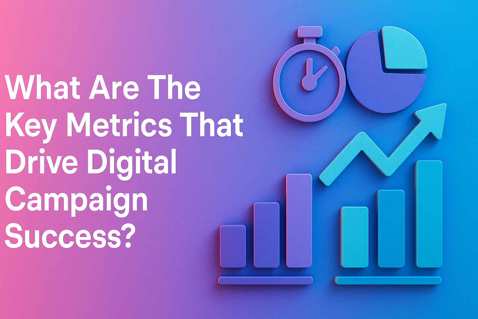 "Colorful graphic highlighting key metrics for driving digital campaign success, featuring a stopwatch, pie chart, and upward trending bar graphs."