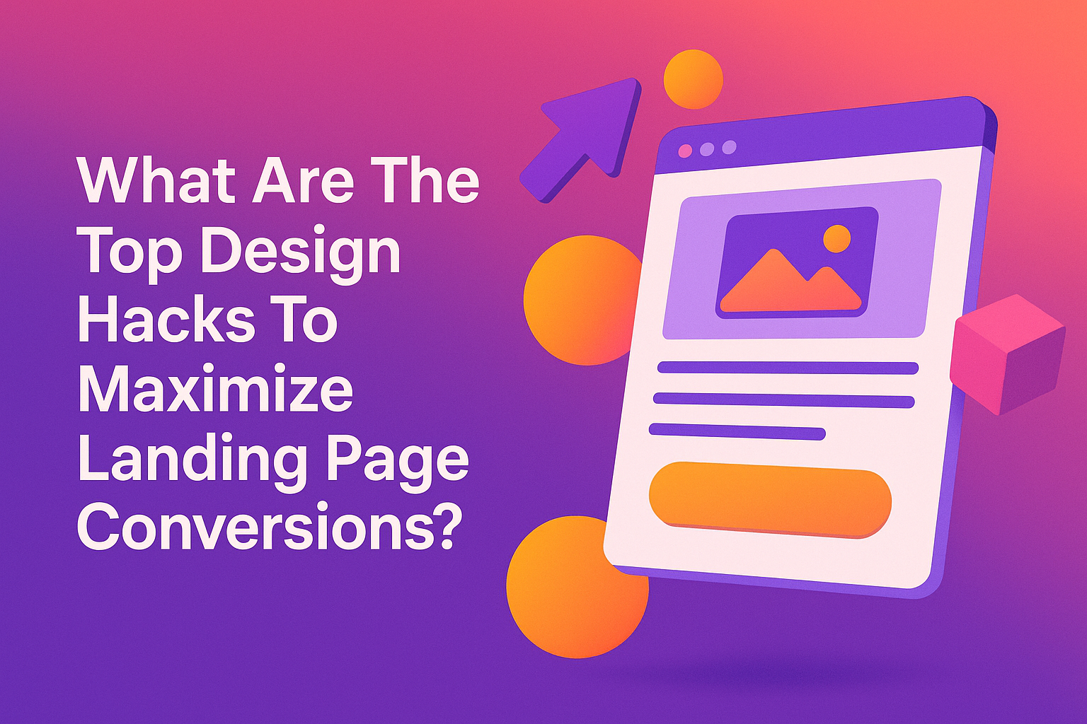 "Colorful graphic featuring a digital landing page design with the text 'What Are The Top Design Hacks To Maximize Landing Page Conversions?' highlighting strategies for improving online conversions."