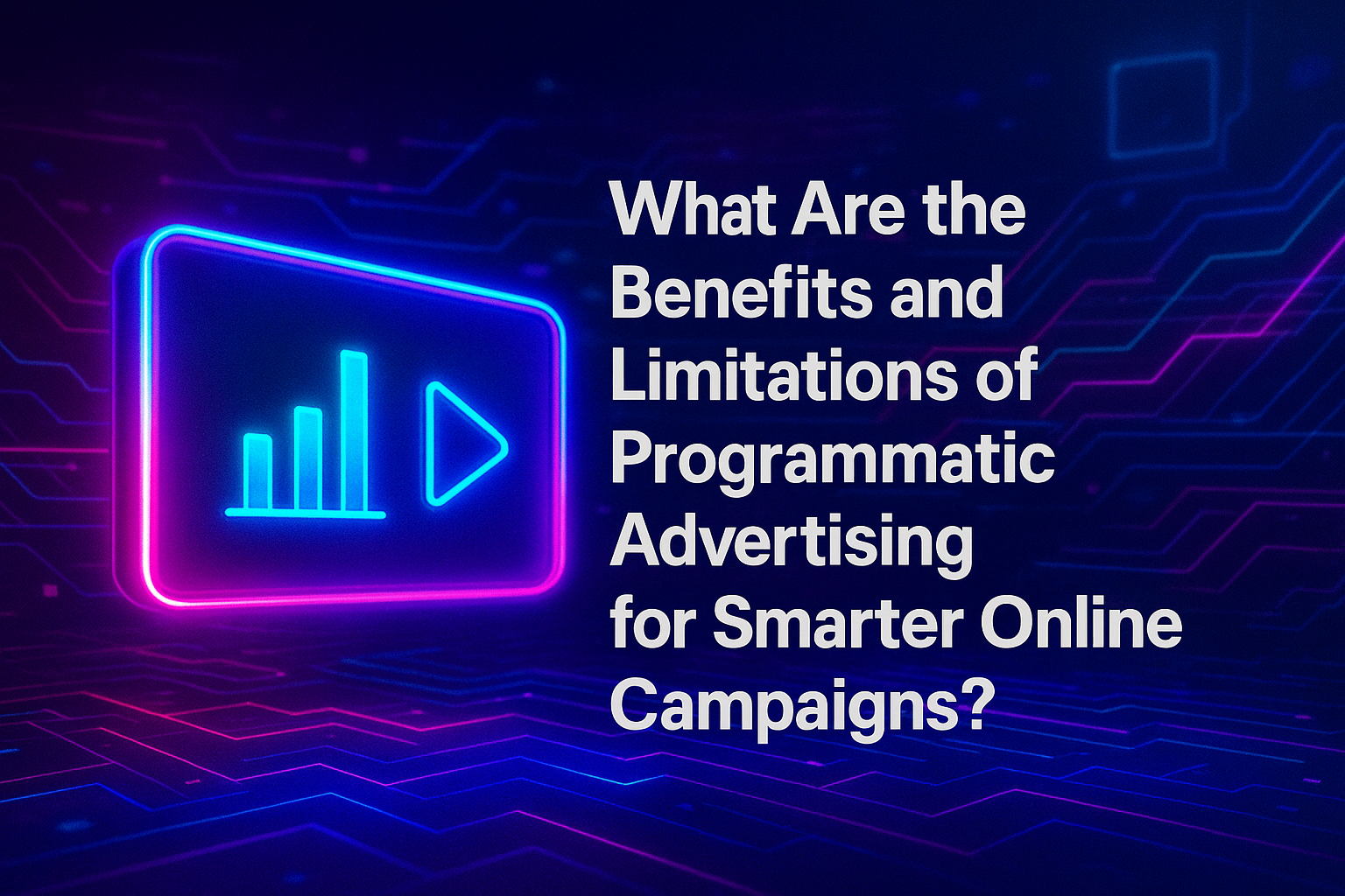"Graphic featuring a neon play button and bar graph, illustrating the benefits and limitations of programmatic advertising for online campaigns."