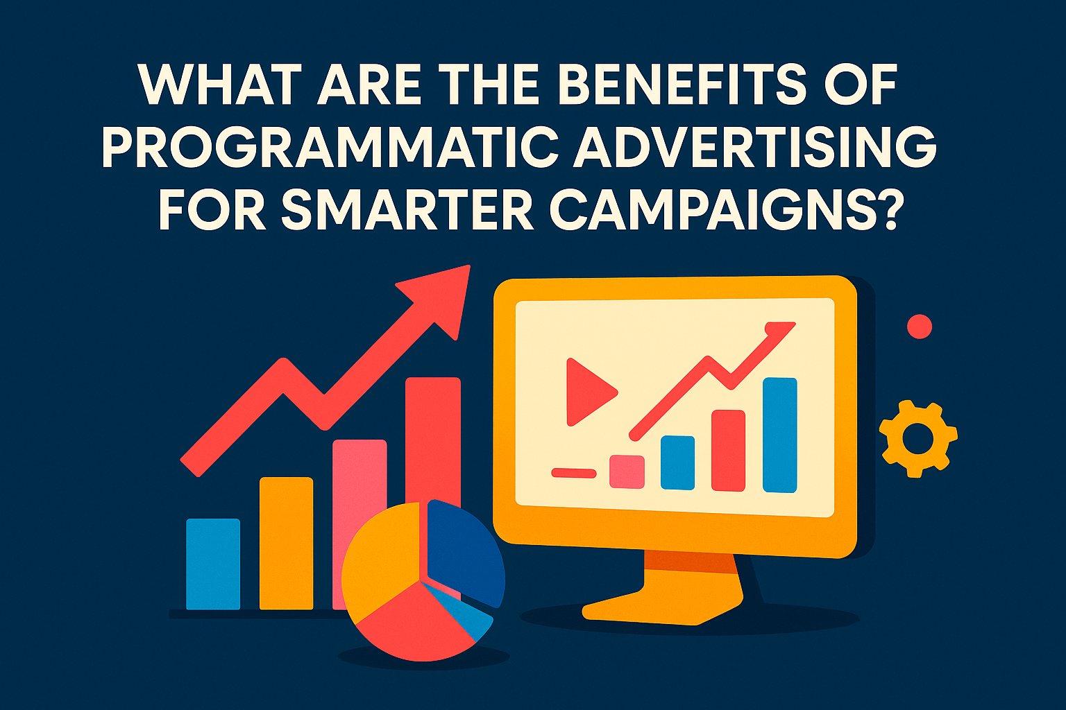 "Colorful graphic illustrating the benefits of programmatic advertising for smarter campaigns, featuring charts and a computer screen displaying growth metrics."