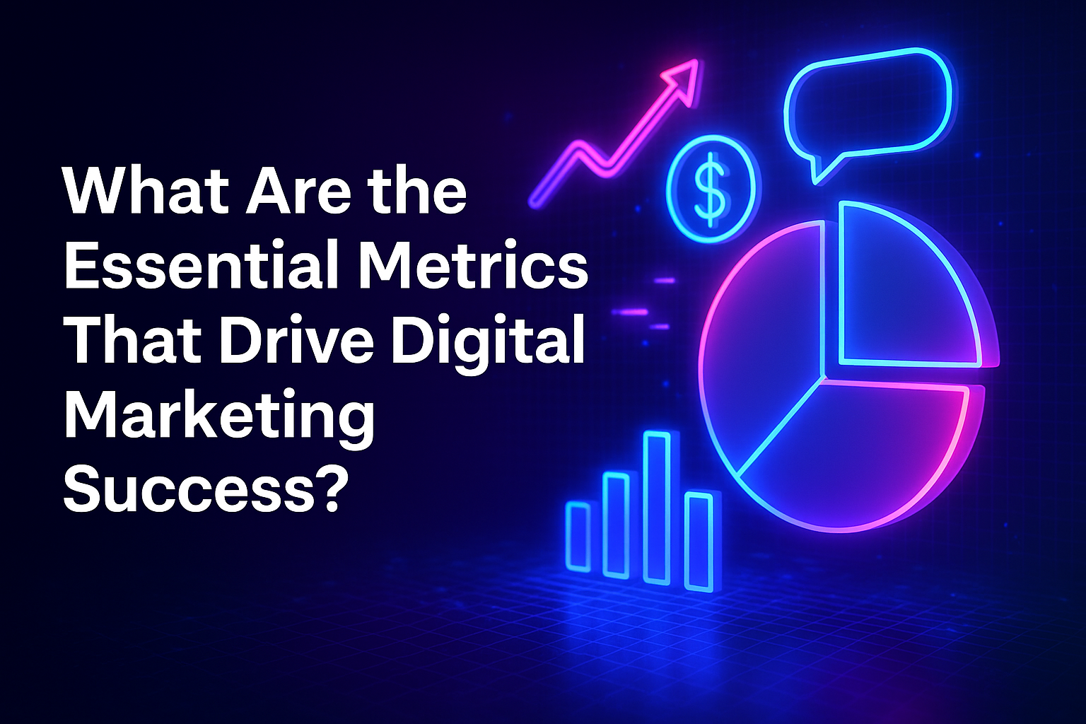 Alt text: "Colorful infographic depicting essential metrics for digital marketing success, featuring graphs, a pie chart, and a dollar sign on a dark background."