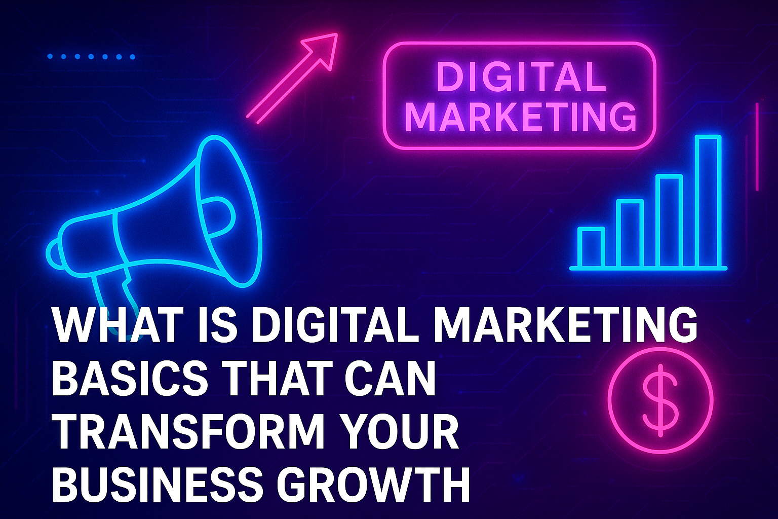 Alt text: "Colorful digital marketing graphic featuring a megaphone, growth chart, and dollar sign, with the text 'What is Digital Marketing Basics That Can Transform Your Business Growth.'"