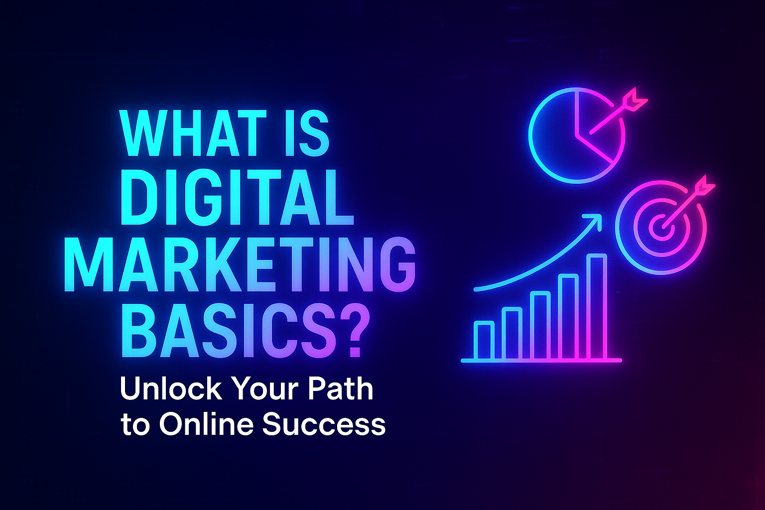 "Bright neon graphic featuring the text 'What is Digital Marketing Basics?' along with icons representing growth charts and targets, emphasizing online success in digital marketing."