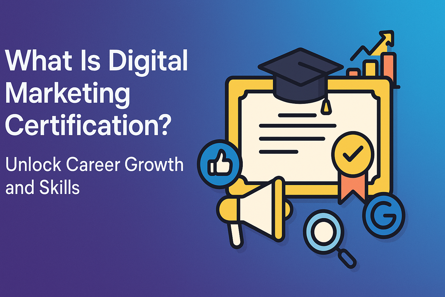 Alt text: "Graphic illustrating digital marketing certification, featuring a diploma with a graduation cap, growth charts, and icons representing skills and social media engagement."