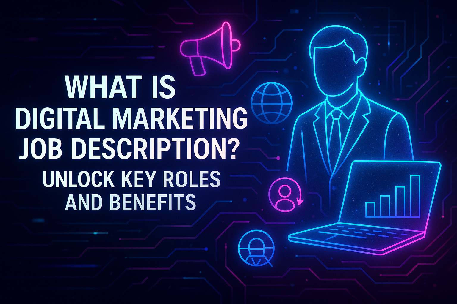 Alt text: "A graphic illustrating the concept of digital marketing job descriptions, highlighting key roles and benefits with neon-style visuals of a professional figure, laptop, and icons representing communication and global reach."