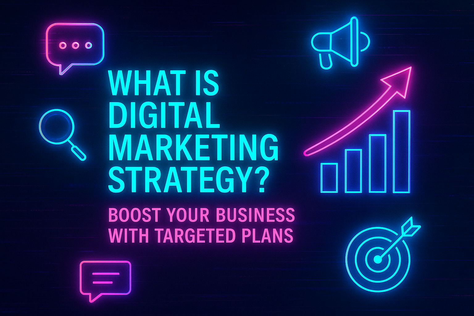 "Colorful neon graphic illustrating digital marketing strategy concepts with text 'What is Digital Marketing Strategy? Boost Your Business with Targeted Plans' and associated icons."