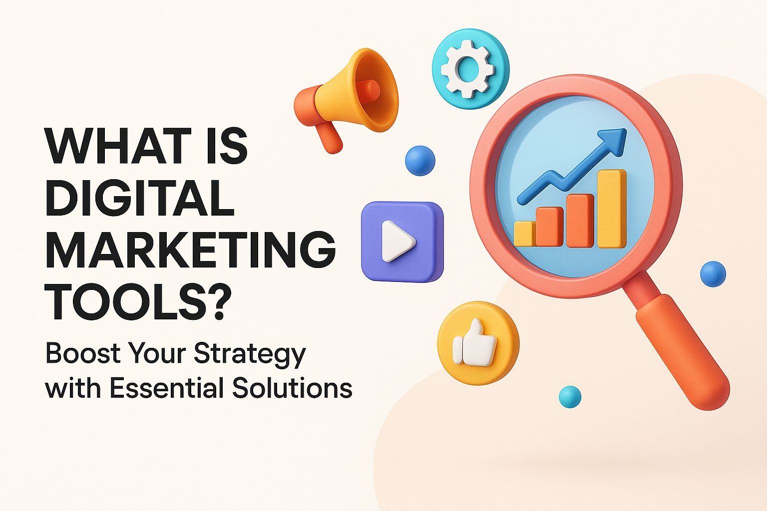 "Colorful graphic illustrating digital marketing tools with icons like a magnifying glass, graphs, and social media symbols, featuring the text 'What is Digital Marketing Tools? Boost Your Strategy with Essential Solutions.'"