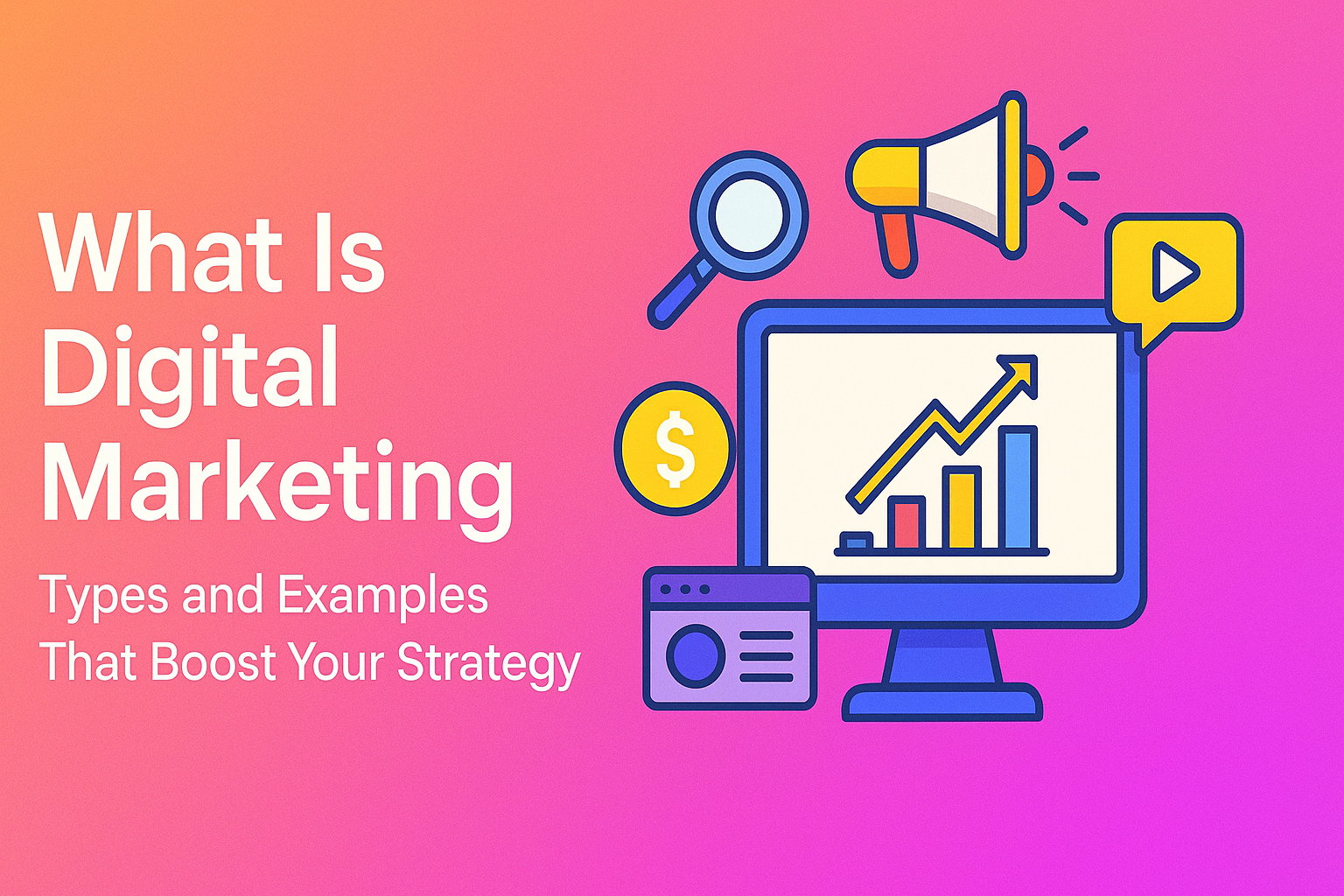 Alt text: "Colorful illustration of digital marketing concepts with a computer displaying growth charts, a magnifying glass, a megaphone, and a play button, accompanied by the text 'What Is Digital Marketing: Types and Examples That Boost Your Strategy.'"