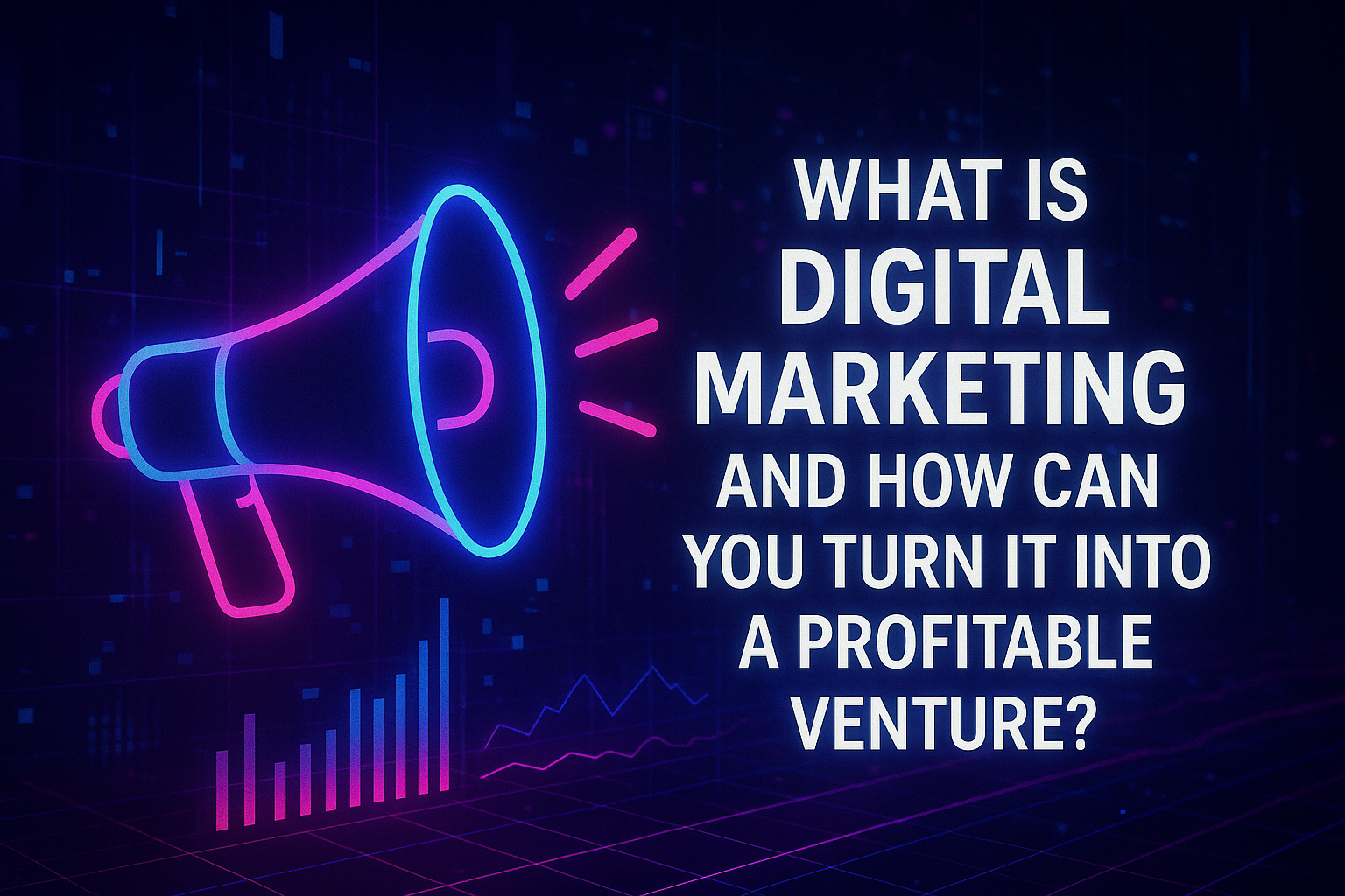 Neon graphic featuring a megaphone and the text "What is Digital Marketing and How Can You Turn It Into a Profitable Venture?" against a dark background with data patterns. Ideal for discussing digital marketing strategies.