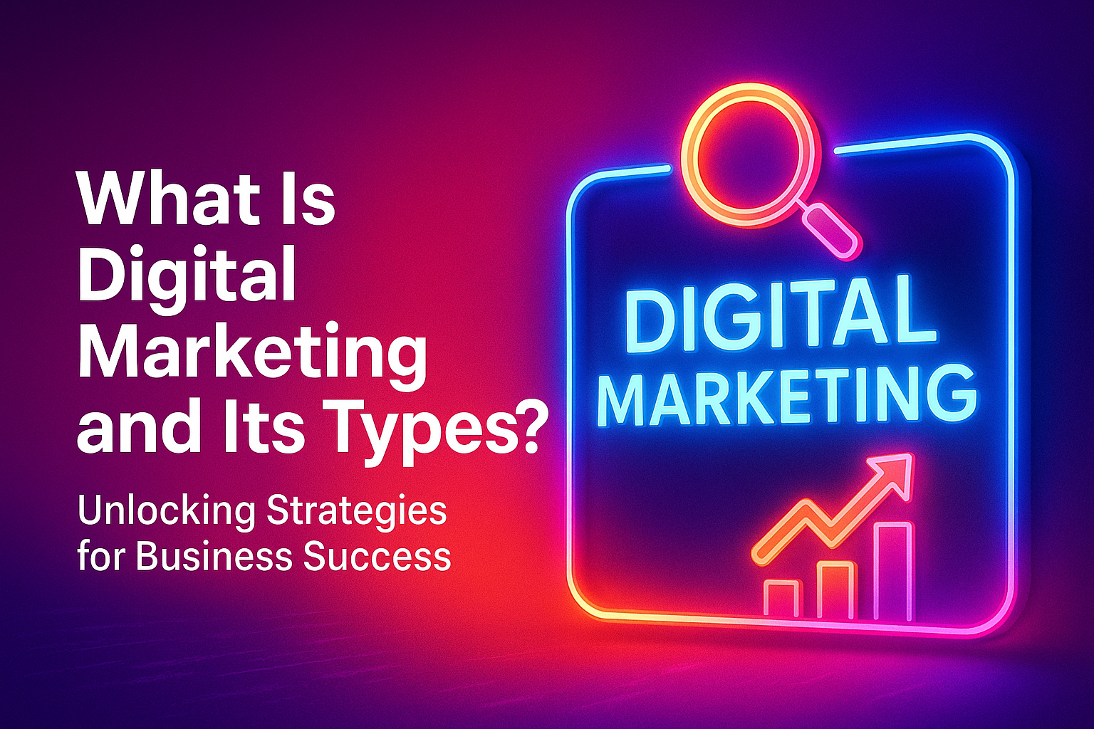 "Neon graphic illustrating the concept of digital marketing with text 'What Is Digital Marketing and Its Types? Unlocking Strategies for Business Success' against a vibrant background."