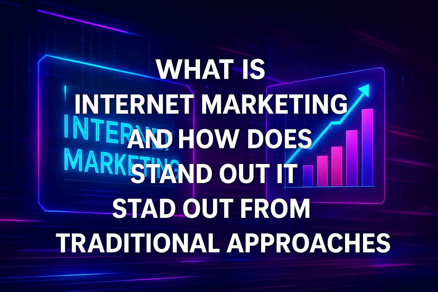 Alt text: "Graphic featuring the phrase 'What is Internet Marketing and how does it stand out from traditional approaches' with a rising graph and neon effects, representing the growing importance of digital marketing."