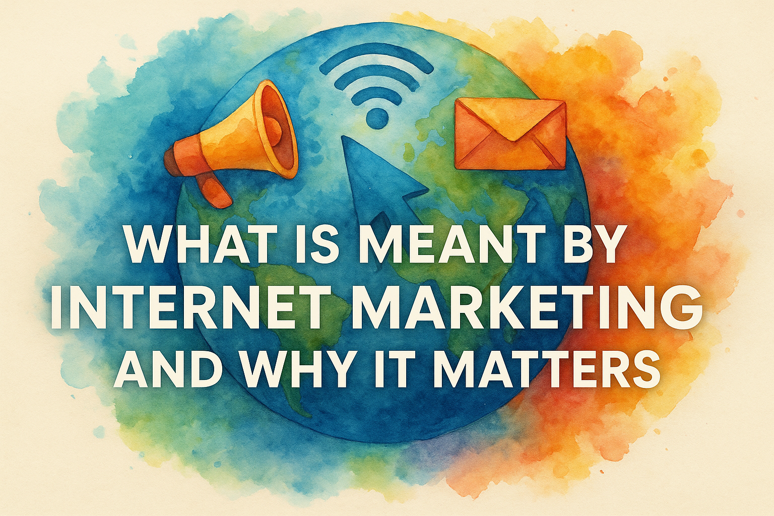 "Colorful watercolor illustration of a globe with marketing icons, featuring the text 'What is Meant by Internet Marketing and Why It Matters.' Ideal for exploring internet marketing concepts."
