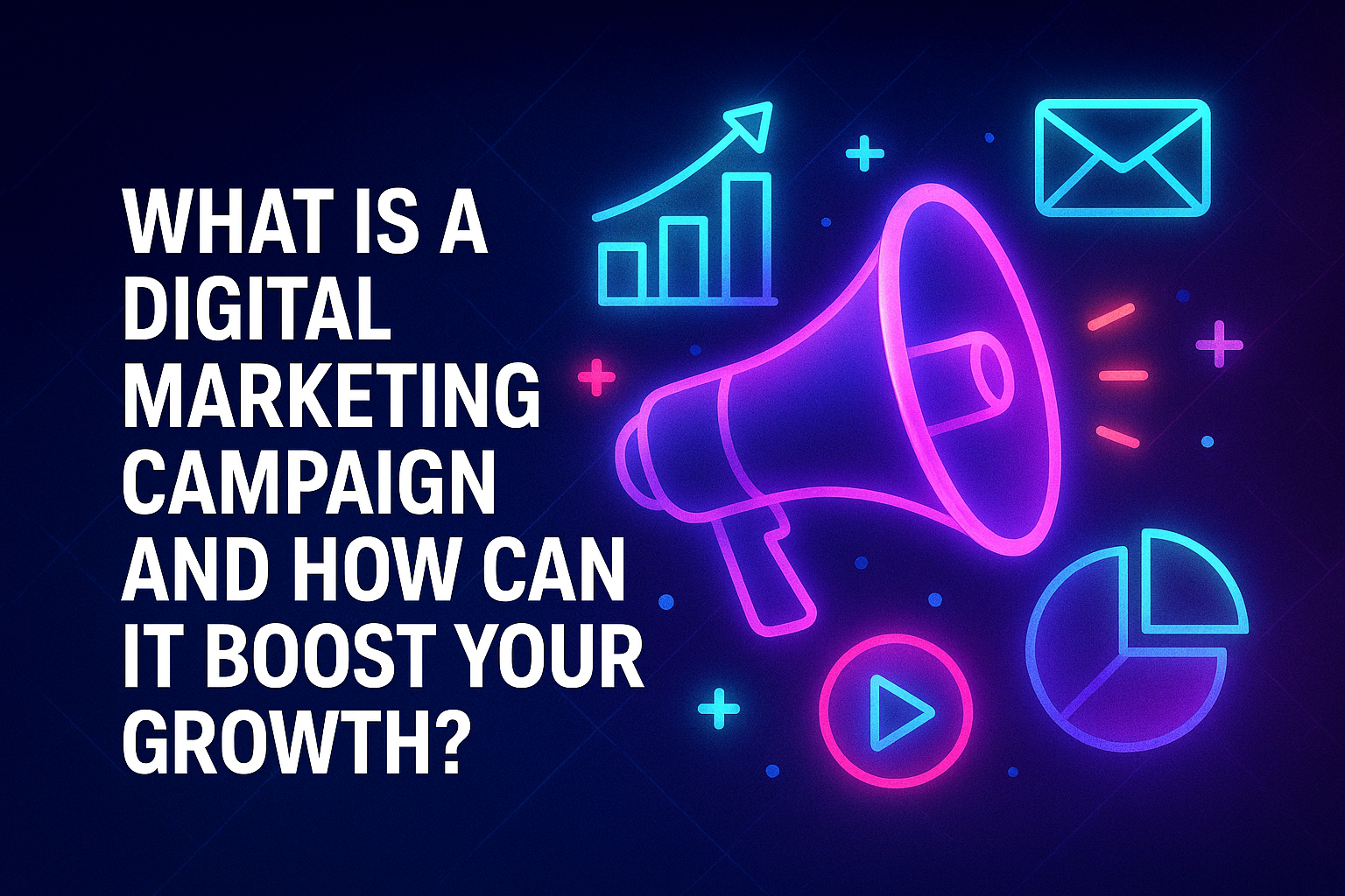 "Colorful graphic illustrating a digital marketing campaign with a megaphone, growth charts, and icons representing email and media, emphasizing the benefits for business growth."