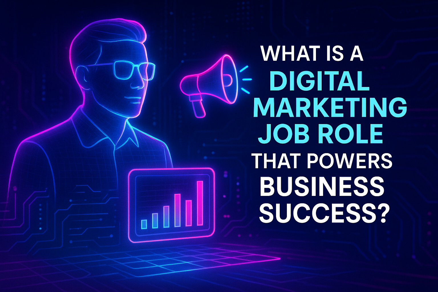 "Illustration of a digital marketing professional with a computer screen displaying growth metrics and a megaphone, emphasizing the impact of digital marketing roles on business success."
