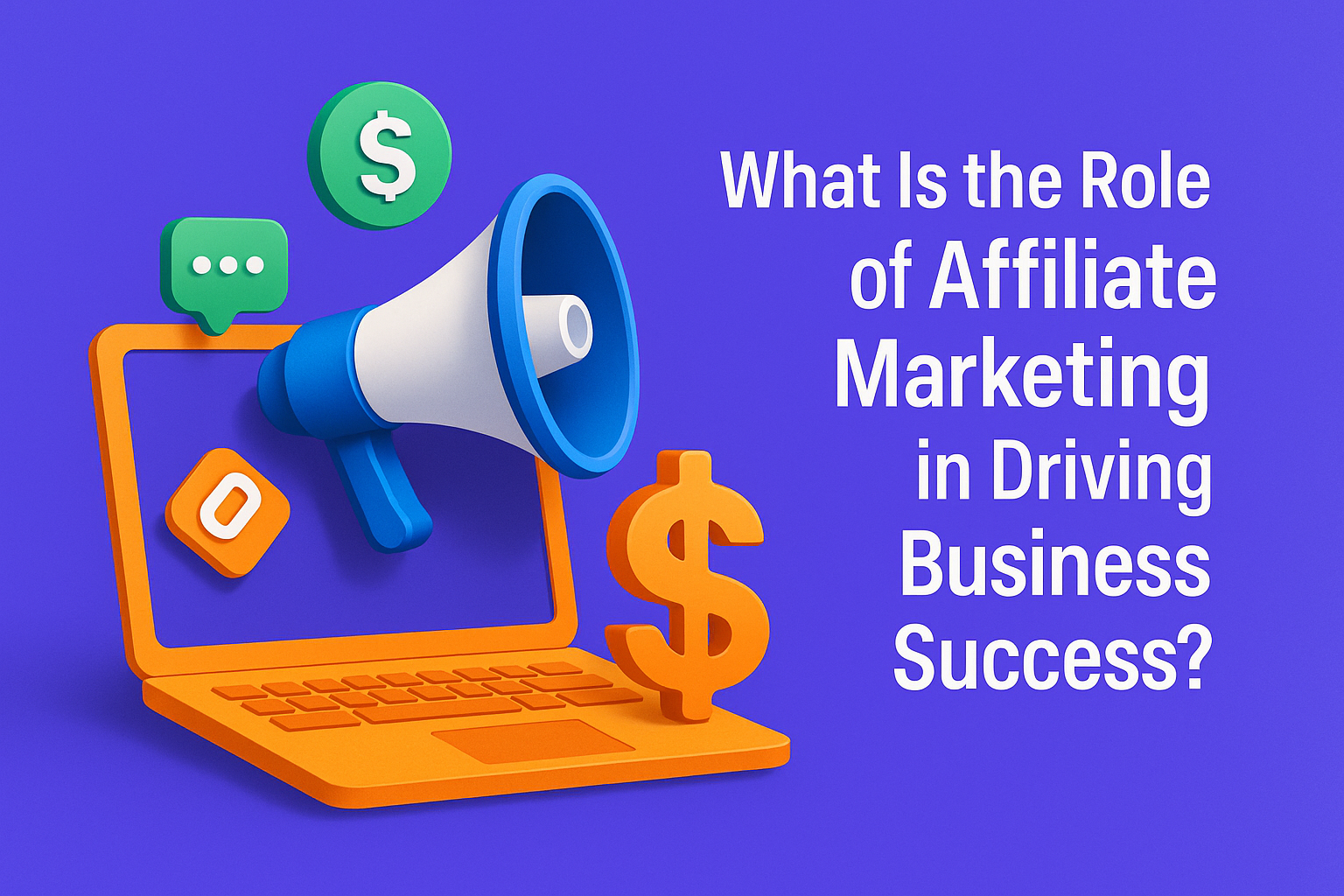 3D illustration depicting a laptop with a megaphone and dollar sign, highlighting the role of affiliate marketing in business success.