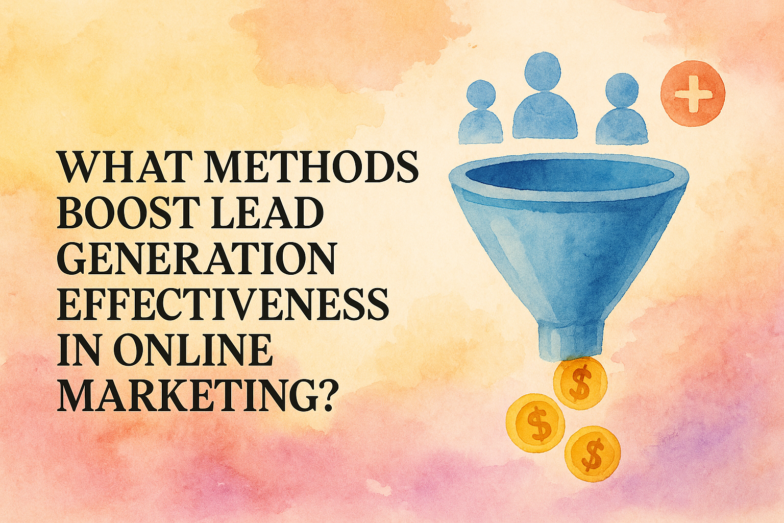 "Watercolor graphic depicting a lead generation funnel, emphasizing methods to enhance effectiveness in online marketing with dollar signs and audience icons."