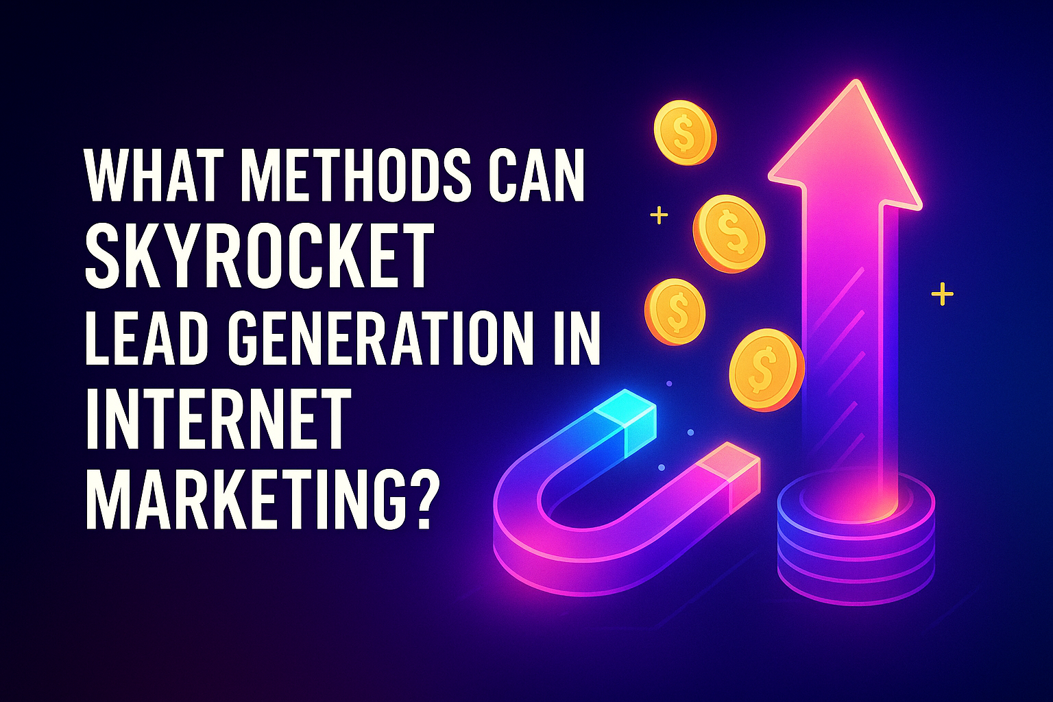 Colorful graphic featuring a magnet and coins, highlighting methods to boost lead generation in internet marketing, with an arrow symbolizing growth.