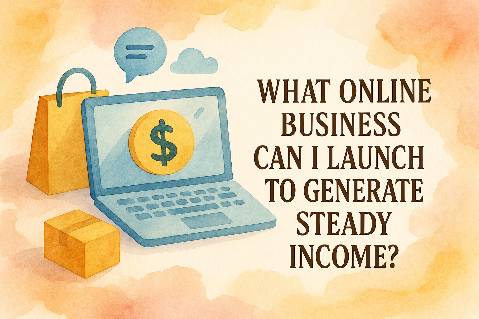 "Colorful illustration of a laptop with a dollar sign, a shopping bag, and a small box, with text asking about launching online businesses for steady income."