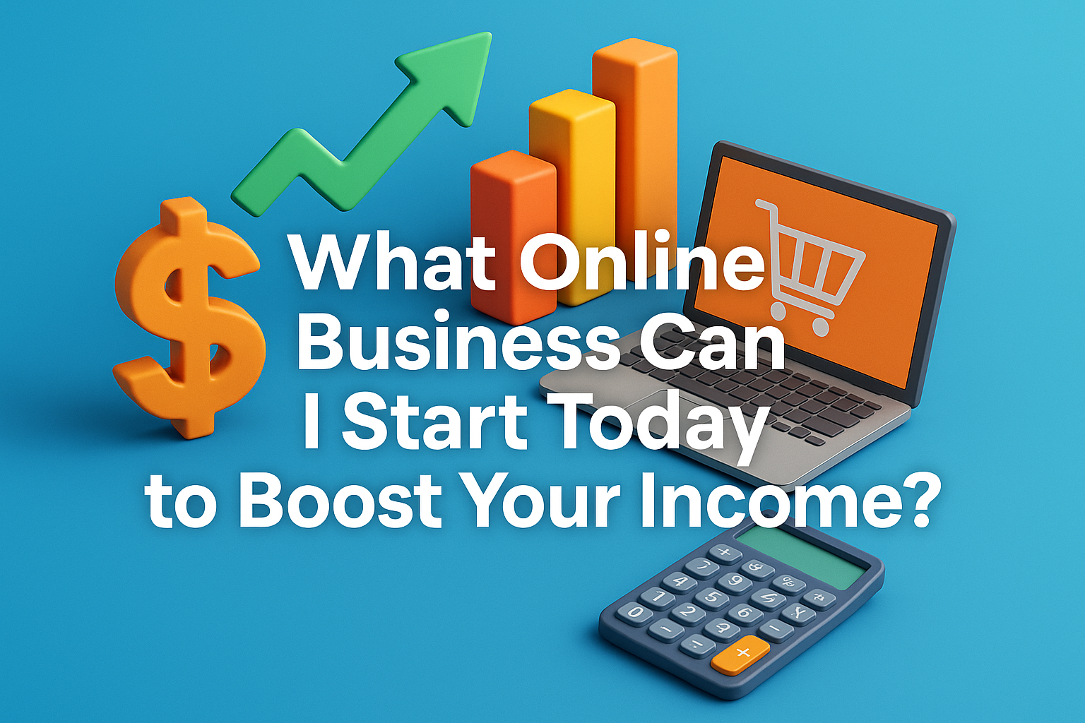 "Colorful illustration depicting a laptop with a shopping cart icon, dollar symbol, upward graph, and calculator, highlighting online business opportunities to boost income."