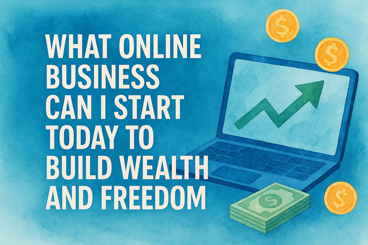 Illustration of a laptop displaying a rising graph, surrounded by dollar coins and a stack of money, with the text emphasizing online business opportunities for building wealth and freedom.