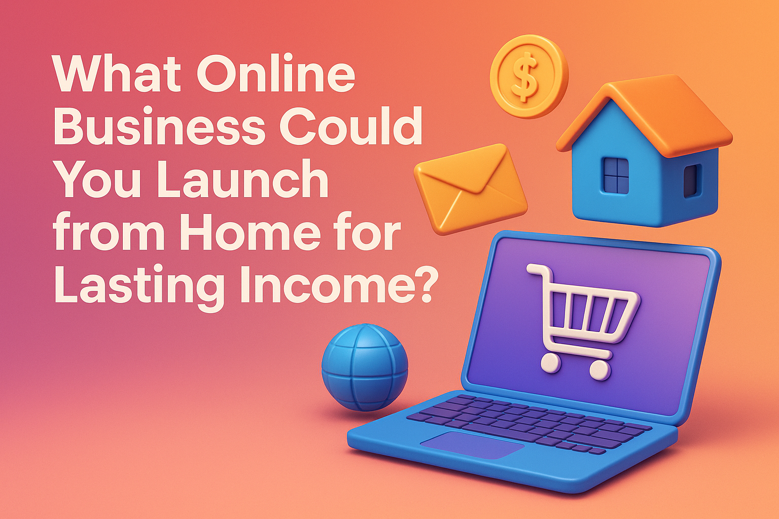Colorful graphics representing online business concepts, featuring a laptop with a shopping cart icon, a globe, a house, and a dollar sign, with bold text asking what online business can be launched from home for lasting income.