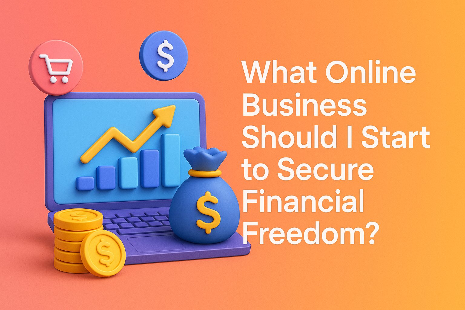 Colorful 3D illustration featuring a laptop with graphs, coins, and a money bag, accompanied by the text "What Online Business Should I Start to Secure Financial Freedom?" highlighting the concept of online entrepreneurship and financial growth.