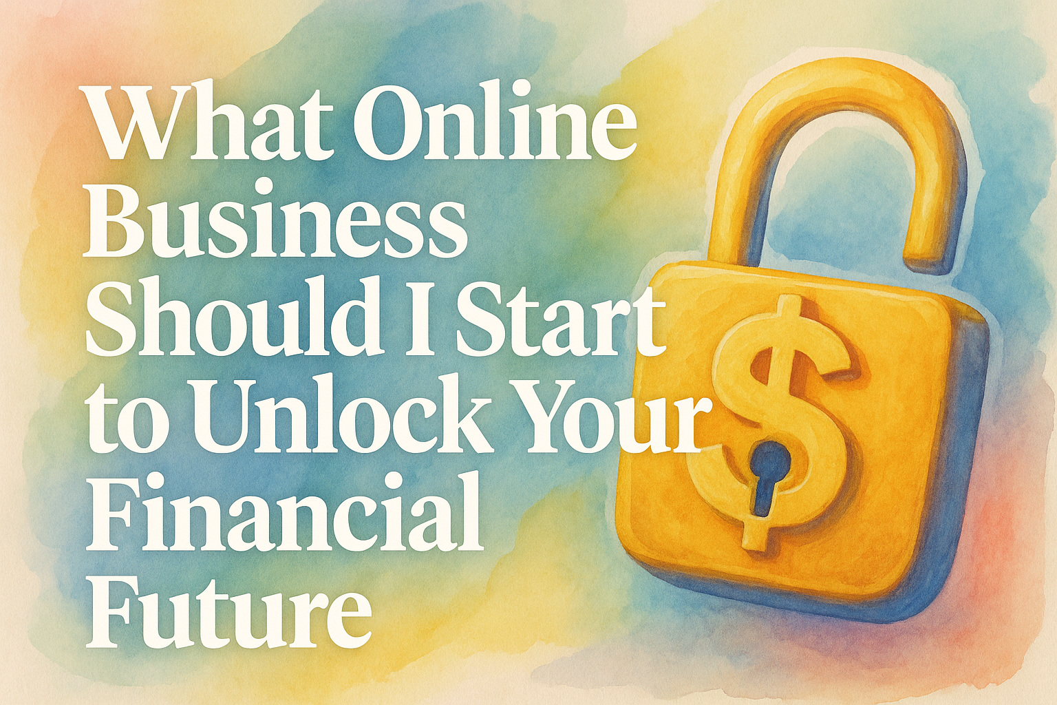 “Graphic depicting a golden padlock with a dollar sign, accompanied by the text: ‘What Online Business Should I Start to Unlock Your Financial Future.’”