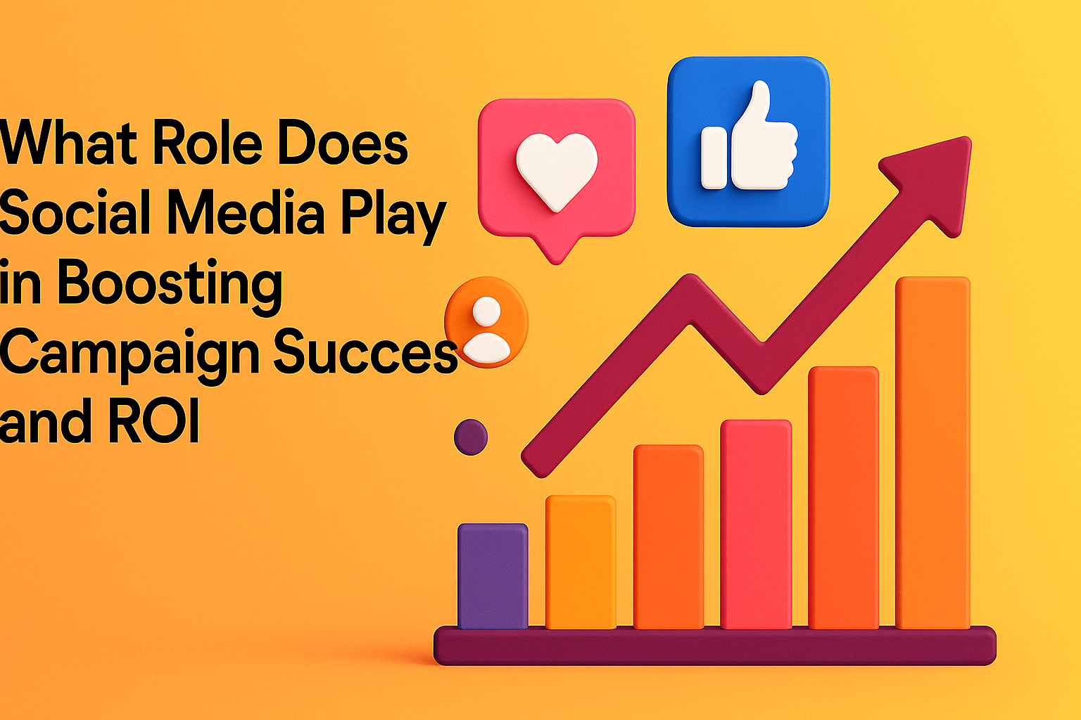 Alt text: "Colorful graphic illustrating the impact of social media on campaign success and ROI, featuring social media icons and a rising bar graph on a vibrant orange background."