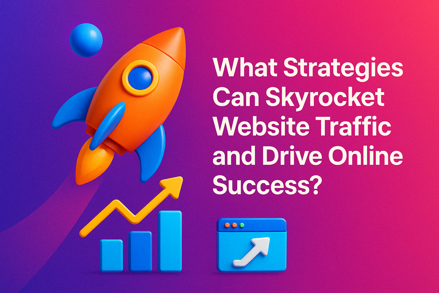 Colorful graphic featuring a rocket launching, with ascending bar charts and a browser icon, illustrating strategies to increase website traffic and achieve online success.