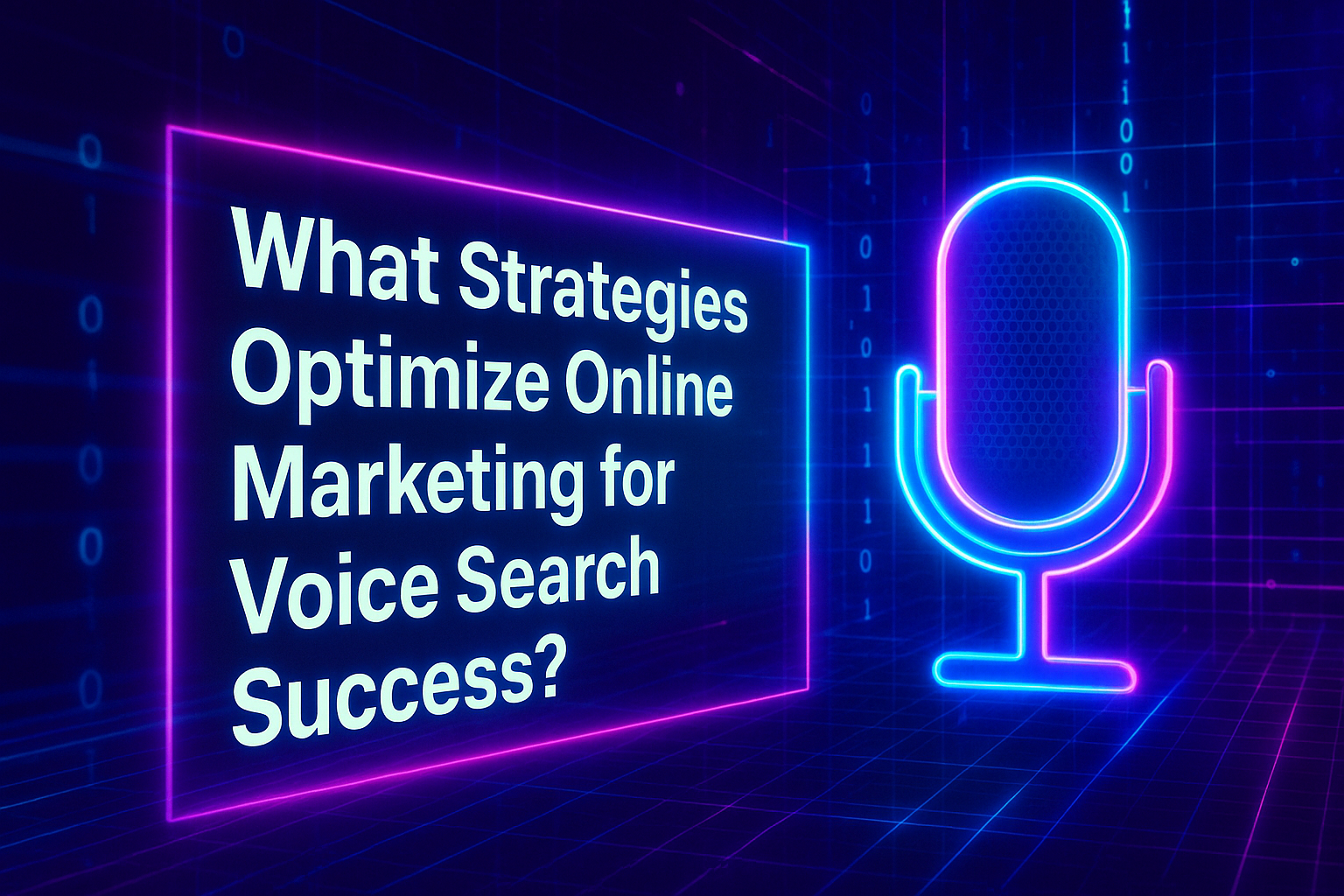 Text on a neon background asking "What strategies optimize online marketing for voice search success?" with a stylized microphone illustration.