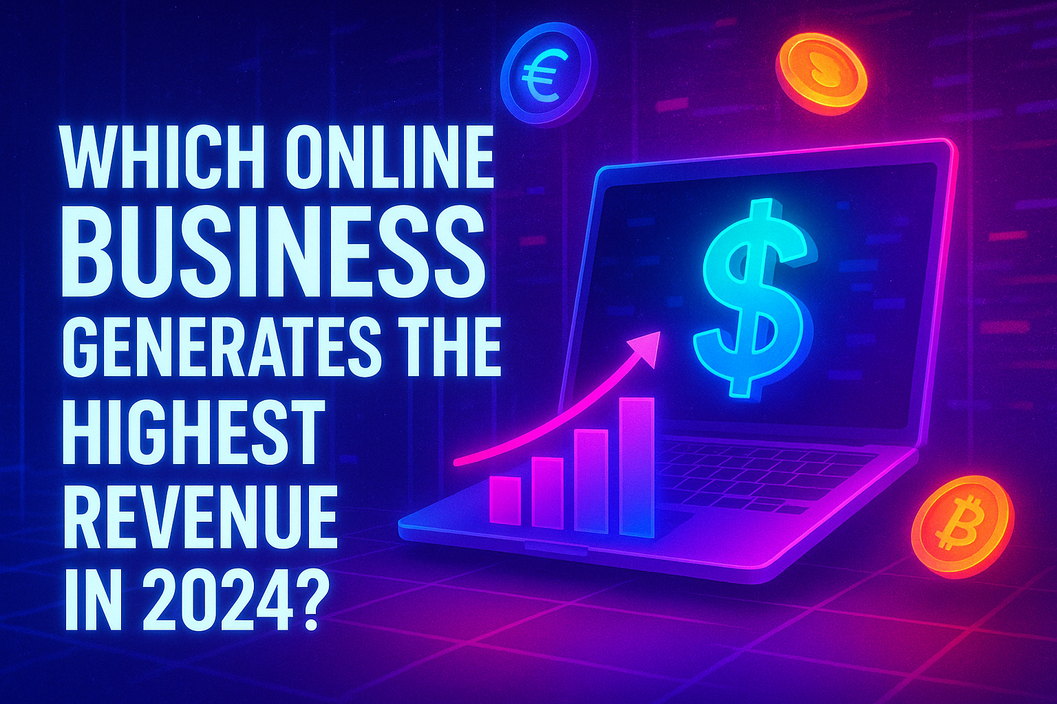 "Illustration of a laptop displaying a dollar sign and a revenue growth chart, surrounded by cryptocurrency symbols; text asks which online business will generate the highest revenue in 2024."