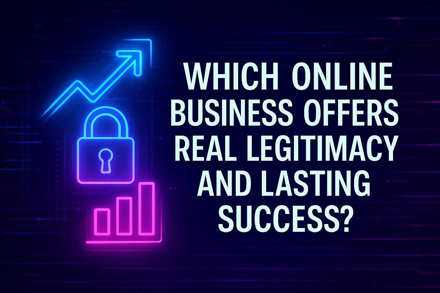Text on a dark background with neon graphics illustrating online business success concepts, including a lock for security and an upward trend graph, accompanied by the question about finding a legitimate online business.