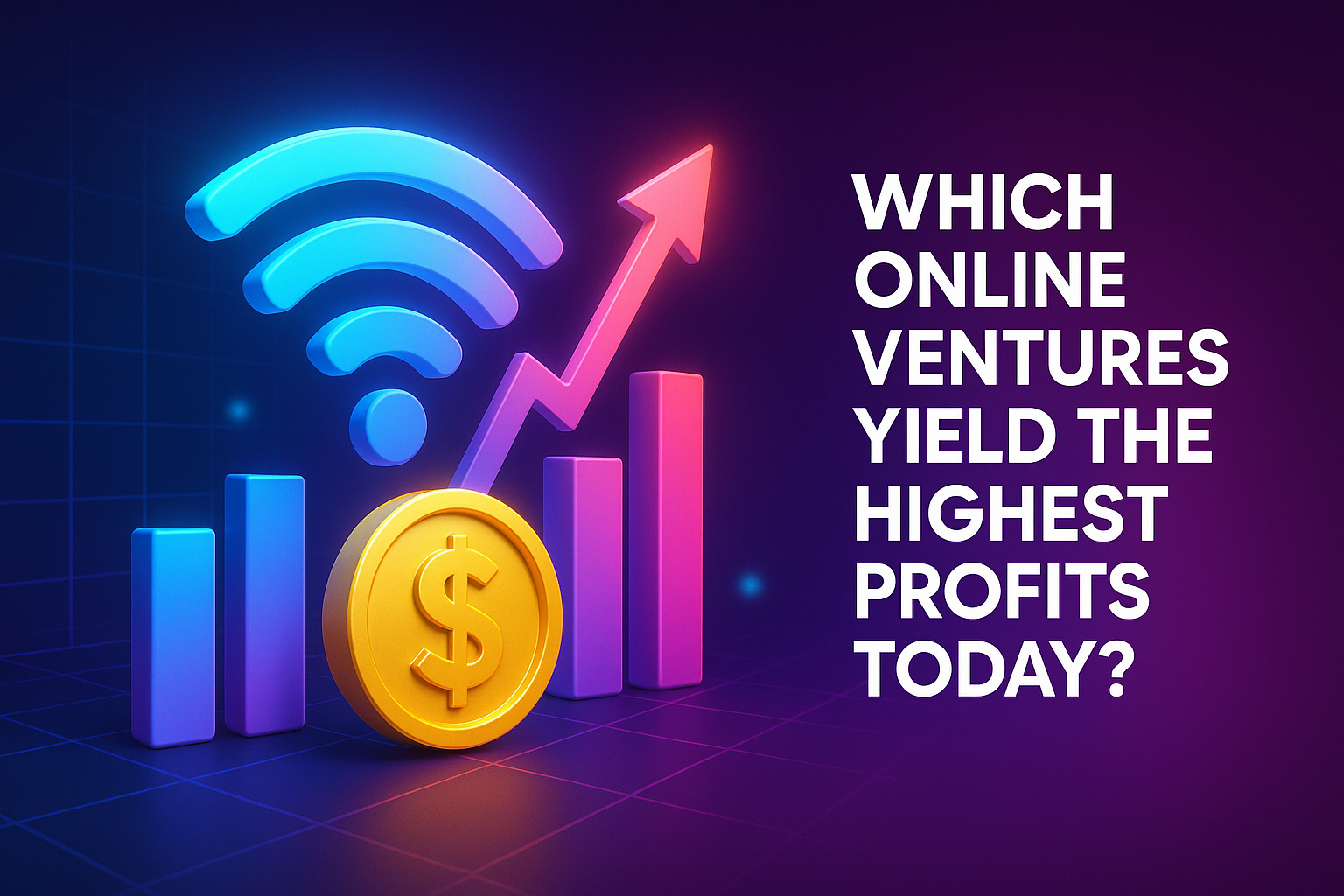 "Colorful graphic depicting online profit trends, featuring a dollar coin, upward chart, and Wi-Fi symbol, highlighting profitable online ventures."