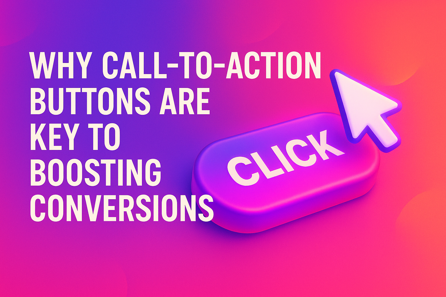 "Colorful graphic highlighting the importance of call-to-action buttons for boosting conversions, featuring a prominent 'CLICK' button and an arrow cursor."