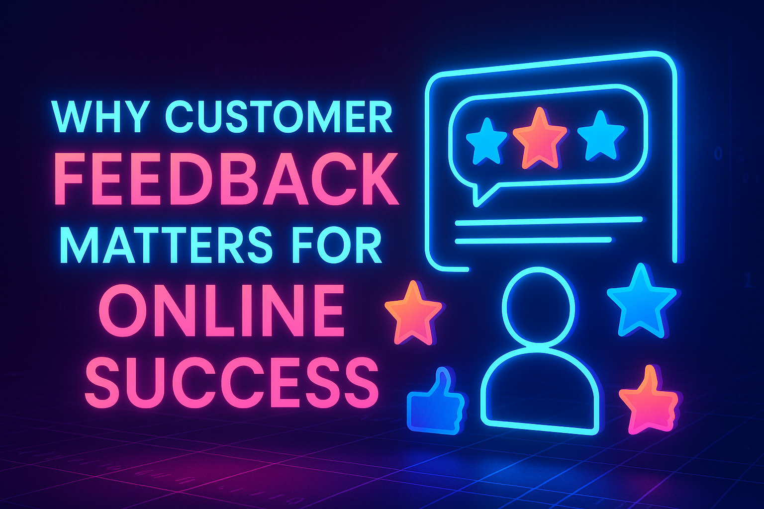 "Illustration highlighting the importance of customer feedback for online success, featuring vibrant neon text and icons representing feedback and user engagement."