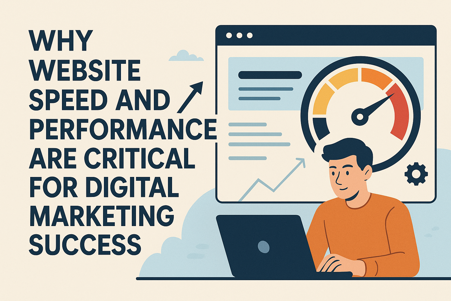 Illustration highlighting the importance of website speed and performance in achieving digital marketing success, featuring a person working on a laptop with a performance gauge in the background.