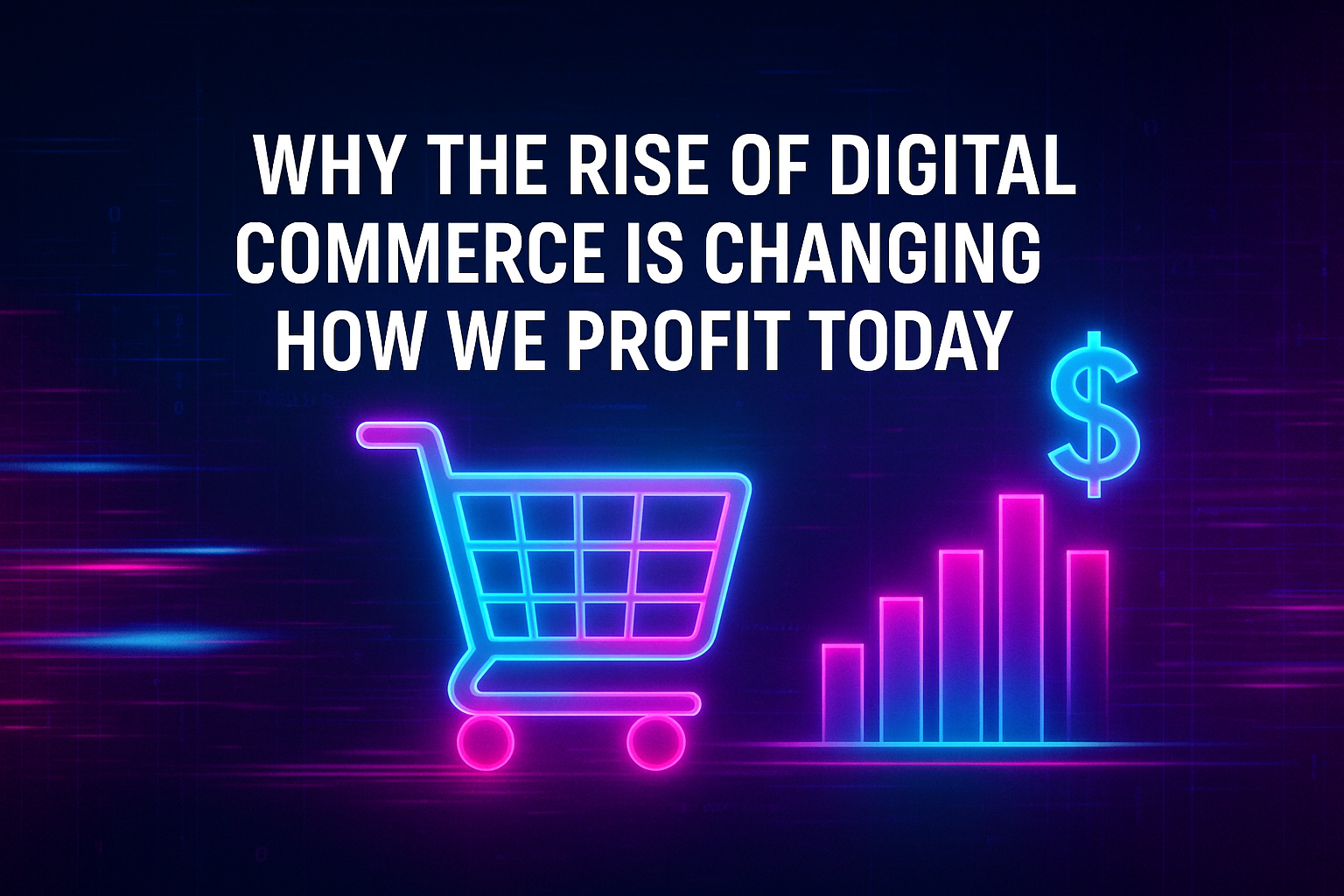 "Digital commerce growth trends: A vibrant graphic illustrating a shopping cart and profit increase, highlighting how digital commerce is reshaping profitability."